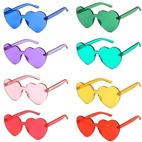 8 Paar Herz Sonnenbrille, Lustige Partybrillen Randlose Transparente Candy Color Sonnenbrille Herz geformte Party Gläser für Erwachsene Kinder, Kostüm Strand Party Dekoration Festival