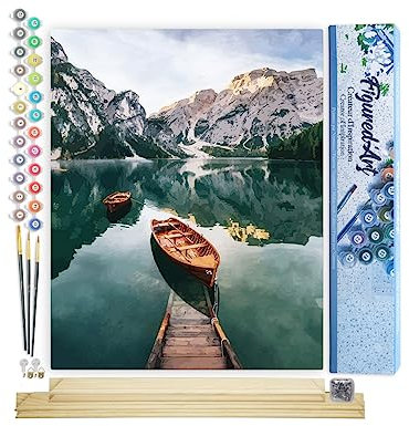 Figured'Art Peinture par Numéro Adulte Barque et lac de Montagne - Activité Manuelle Kit de Loisir Créatif DIY Numéro d'Art Complet - 40x50cm avec châssis en bois à monter