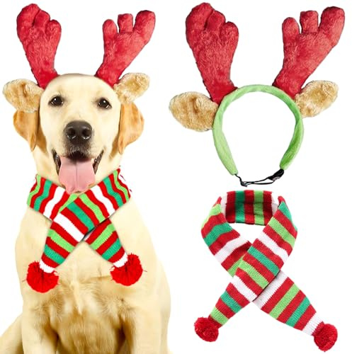 JeVenis Serre-tête en corne de renne en fourrure de Noël pour chien - Costume de cerf - Oreilles de renne - Costume de bois pour chien pour Noël