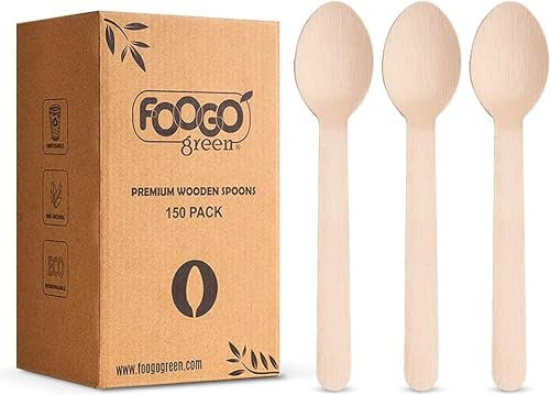 FOOGO Green 300pcs Disposable Wooden Spoons, FSC® Certified, 16cm, Biodegradable Compostable, Eco Friendly Cutlery Set, Wedding Picnic Party Camping Catering, Like Bamboo