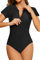 SHEKINI Women's One Piece Rash Guard Short Sleeve 1/4 Zip up Swimsuit Quick Dry Bathing Suit Build in Bra Swimming Costume, Black, M