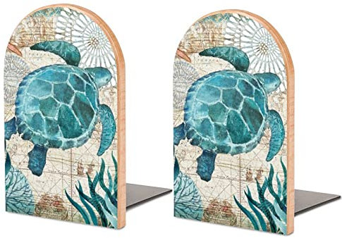 Buchstützen aus Holz, Schildkröte, Ozeankarte, Vintage-Buchstützen für Regale, zum Halten von Büchern, strapazierfähig, rutschfest, Buchstopper, Holz, dekorativ, Heimbüro