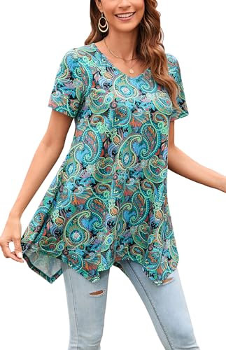 Enmain Camiseta Mujer Manga Corta Top Túnica Larga Cuello de Pico Blusa Elegante y Cómoda Talla Grande Tops Estampadas T Shirt para Mujeres,Verde,3XL