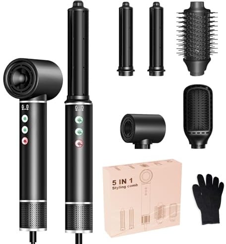 5 en 1 Air styler Cepillo secador de pelo, 110000 RPM Secador ionico alta velocidad, con 2 aire auto cilindros rizadores, voluminizador, cepillo redondo, alisador, para todo tipo de cabello