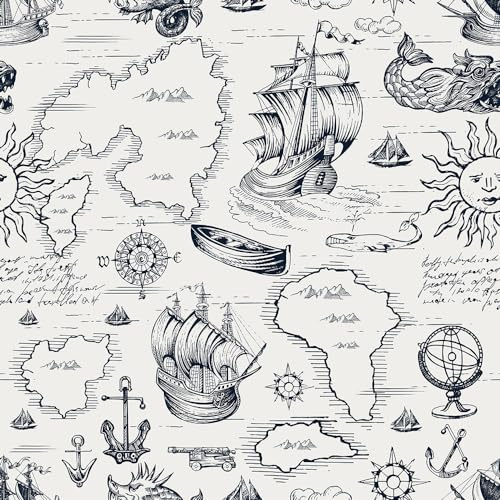 REDAMANCY Black and White Vintage Explore Sailing map Peel and Stick Wallpaper Vintage Wall Paper Stick on Contact Paper Easy Peel Off for nightstand Drawer Renter Friendly 17.7x236