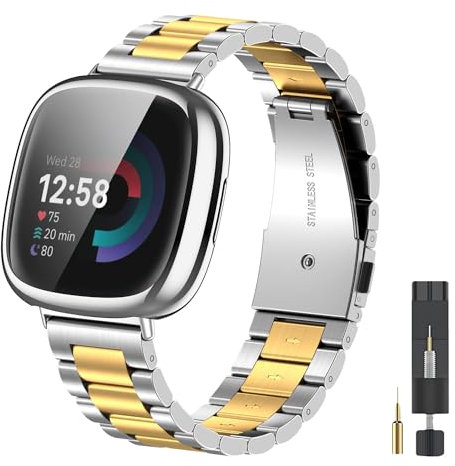 EZMVZKU Metall Armband mit Cover für Fitbit Versa 4/versa 3/Sense 2, Edelstahl Ersatzarmband Kompatibel mit Fitbit Sense 2/Sense/Versa 4 Uhrenarmband und Schutzhülle-silivergold