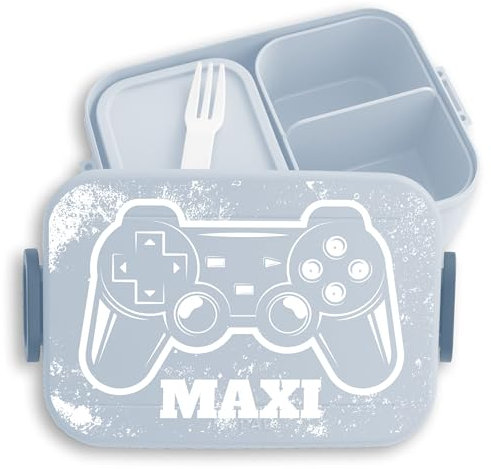 Kinder Bento Box Midi für Mepal Bentobox - Lunchbox Gaming mit Namen Brotbox Zocker Vesperdose cool Jungs I Controller I Gamer I Mädchen - 900 ml - Hellblau - kita brotdose junge geschenke nerds