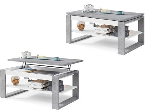 All4All Couchtisch Nico - Kaffeetisch - Wohnzimmertisch - Laptoptisch - Sofatisch - ausziehbar - ausklappbar - 100x60cm - 05 - Beton + Weiß