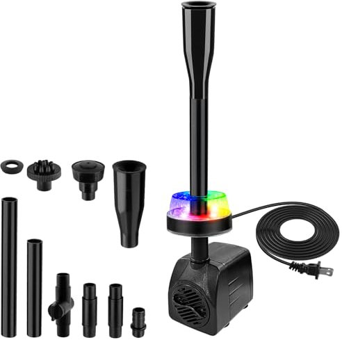 CREPOW 15W 800L/H Submersible Pond Fountain Pump with LED Lights, Ultra Quiet Water Pump, Pond Fountain Pumps for Small Pond, Koi, Garden, Aquariums, Fish Tanks, Indoor Outdoor Fountain 3 Type Nozzles