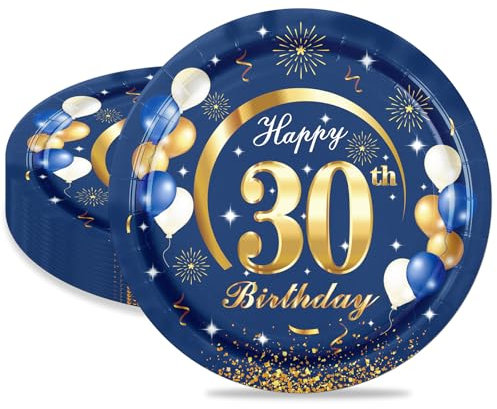 MORAINJAY 16 Pièces Assiette pour Fête Anniversaire 30 ans,9 Pouces/23cm Bleu Or Papier Assiette Dessert Plateau Vaisselle pour Décoration Anniversaire 30 ans Homme Femme