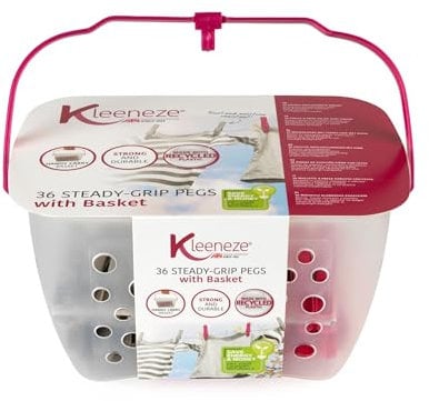 Kleeneze KL070468RPFFS Steady-Grip Pegs with Basket – 36 Durable Clothespins and Storage Basket, Rust and Moisture Resistant, Made with Recycled Plastic, Portable Carry Handle, Naturally Dry Laundry
