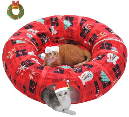 PAWZ Road Katzentunnel, Katzentunnelbett mit zentraler weicher Matte und baumelnden Weihnachten, zusammenklappbarer Flauschiger Plüsch - grau, Katzenröhre für Wohnungskatzen, Kaninchen und Welpen