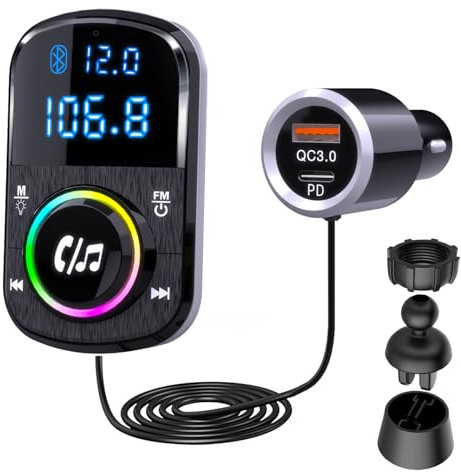 GizmoVine Bluetooth Coche, Transmisor FM, Soporte Manos Libres/QC3.0 y PD Cargador Rápido/Luz Ambiental/Base Autoadhesiva y Clip con Cable 1.1 - Reproductor de Música con Tarjeta BT/TF