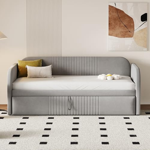 SUKY Cama tapizada sofá cama extensible 90/180 x 190 cm, con somier, rayas verticales, cama multifunción, tejido de lino cómodo y transpirable (gris claro)