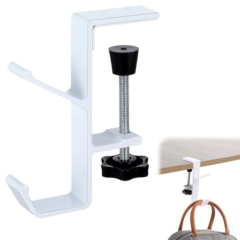 Desk Mount Bag Holder Hook Mental Mount Bag Holder Hook Clamp Adjustable Portable Under Desk Clamp Hook Black Backpack Hanger for Reduce Desk Clutter Table Desk Table Hanging Storage(White)