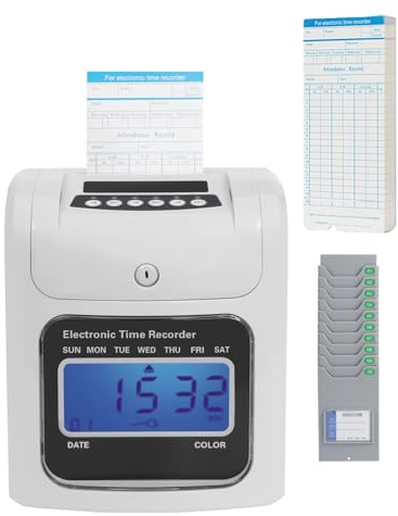 DOJOEUU Berechnende Zeituhr, elektronischer Zeitrekorder mit 50 Zeitkarten und Kartenhalter, Stempeluhr für kleine Unternehmen, Anwesenheitsmaschine, EIN-/Aus-Zeiterfassungsmaschine für Mitarbeiter