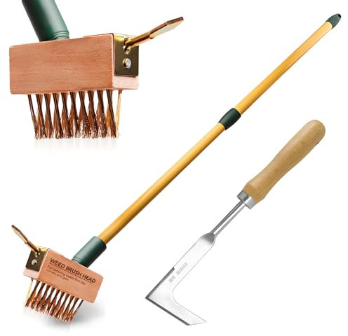 BLUEMARS Weed Brush Extendable Telescopic Gardening Tool with Angled Wire Bristles, Extra Heads, and Garden Weeder Scraper for Removing Weeds, Moss, and Algae from Block Paving, Driveways, and Patios