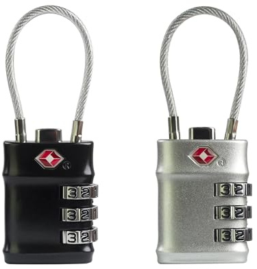 UP Security Cadenas Bagage Homologué TSA, Petit Cadenas à Code avec Câble, Serrures TSA pour Valise, Cadenas à Code pour Voyage, Mallette d’Arme, Fermeture Éclair de Sac à Dos (Noir+Argent)
