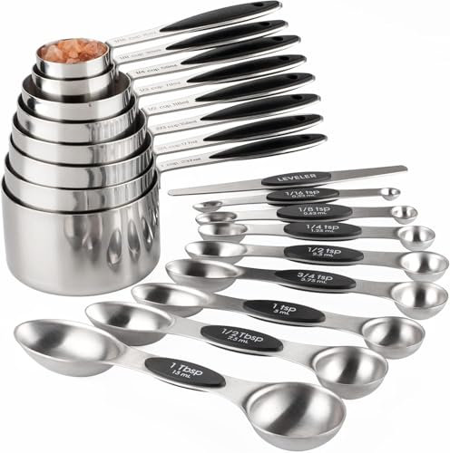 Measuring Cups and Spoons Set Stainless Steel Includes 8 Heavy Duty Measuring Cups 8 Double Sided Magnetic Measuring Spoons and 1 Leveler for Dry and Liquid Ingredients