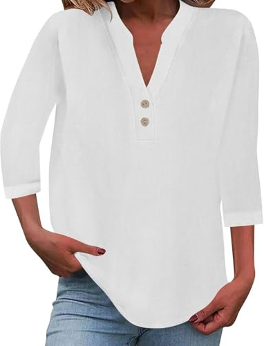 riou Ladies Tops 2026 Women's Summer Cotton Linen Cap Sleeve 3/4 T-Shirt Button V Neck Tunic Tops Fashion Baggy Solid Plain Casual Shirts Trendy Blouse