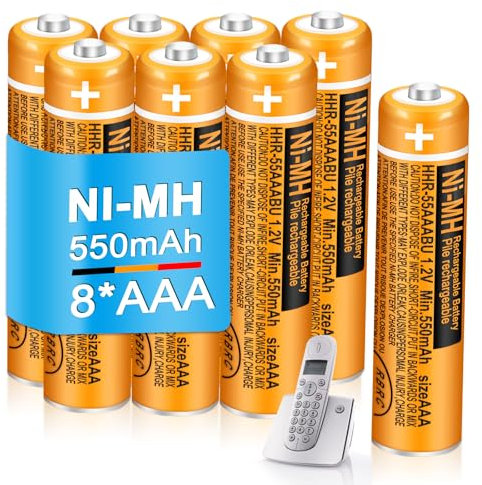 8 Pack 550mAh 1.2V AAA Rechargeable Batteries HHR-55AAABU NI-MH for Panasonic Handsets Replacement Battery for BT Gigaset Cordless Phones Home Office Daily Use