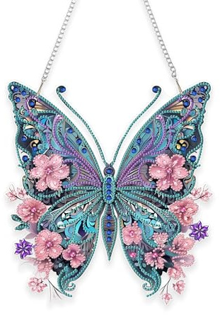 Diamond Painting Fensterbilder Schmetterling, DIY Hängender Diamantbemalter Schmetterling, 3D Diamond Painting Anhänger Schmetterlinge, Diamant Malset Frühling Fenster Türkranz Deko(22.9x24.9cm)