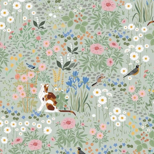 Yomshi Floral Peel and Stick Wallpaper Cat Contact Paper Flower Removable Self Adhesive Waterproof Rustic Style Animal Botanical Pattern Wallpaper for Bathroom Bedroom Nursery Light Green 44x300cm