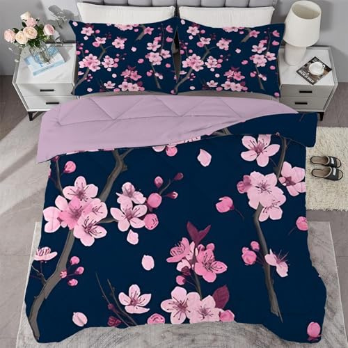 Qiwagu Bettdecke 135x200 Dunkelblau, Wende-Steppdecke Lila Blumen Muster, Ganzjahresdecke 135x200 mit 1 Kissenbezug, C786