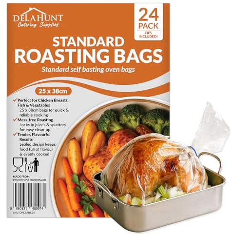 Standard Oven Roasting Bags with Ties 25 x 38cm [24 Pack] - BPA-Free, Food-Grade & Oven-Safe Cooking Bags | Heavy-Duty Cook-in Bags for Chicken, Fish, Vegetables, Meal Prep & Batch Cooking