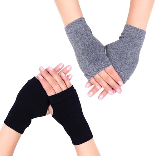 WNXBFO Cashmere Fingerless Gloves, Wristband with Thumbhole Winter Warm Gloves In Black and Grey, Christmas Gifts for Men and Women