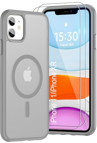 Pilaru Magnetic Case for iPhone 11/XR [Compatible with MagSafe] 2X Screen Protector | Anti-Yellowing & Fingerprint, Shockproof, Skin-friendly Slim Fit Translucent Phone for iPhone 11/XR-Grey