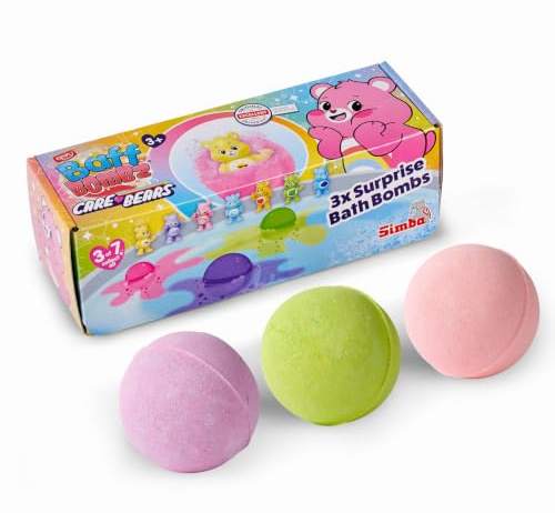 Simba Care Bears Surprise Baff Bombz Badebombe – 3 Stück Überraschungsbadekugeln mit Glücksbärchi Sammelfigur, sprudelnder Badespaß mit Überraschungseffekt, Badezusatz für Kinder ab 3 Jahren