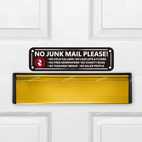 2 × No Junk Mail Sticker for Front Door Letterbox, No Junk Mail Metal Sign Reflective 6.3x1.77 Inches, with Adhesive Back and 4 Drilled Holes
