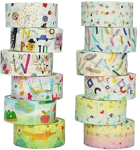 YUBX Washi Tape,12 Rollen Washi Klebeband Set Dekoratives Washi-Tape Niedliche Goldfolie Dekorative Masking Tape für DIY Art & Crafts (Kinderzeichnungen)