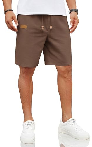 COOFANDY Herren Leinen Shorts Kurze Leinenhosen mit Gummizug Freizeithose Leichte Sommerhose mit Taschen Braun XL
