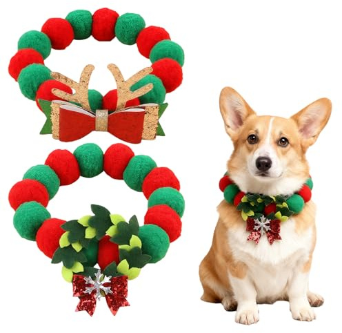 HAICN Weihnachts-Halsband für Haustiere, Geweih, Schleife und Weihnachtskranz, Bommel, Katzenhalsband, mehrfarbig, niedliches Haustierzubehör für kleine Hunde, 2 Stück