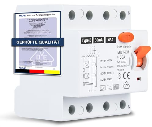 FI Schutzschalter Typ B 63A 30mA 4-polig, Allstromsensitiver RCD für Wallbox & Ladestation, Fehlerstromschutzschalter mit VDE Zertifizierung, DIN-Hutschiene Montage