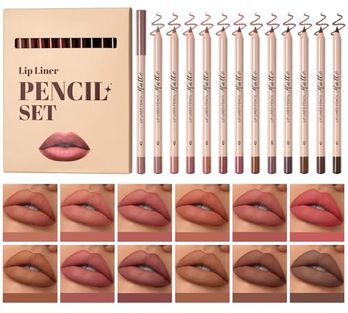 12 Farben Nudetöne Lipliner Set, Wasserfest Lippenkonturenstift mit Mattes Finish, Lip Liner Langanhaltender, Nicht Verblassender, Langlebiger Lipliner Stift für Frauen