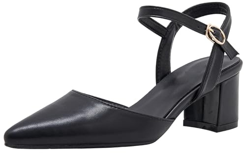 Décolleté con Tacco A Blocco Punta Affilata Cinturino Posteriore da Donna per Ricevimento Matrimonio Ed Eventi Serali Tomaia PU,Black(Heel:5cm),34 EU