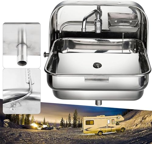 Évier mural pour camping-car, évier de cuisine pliable pour camping-car ou bateau, lavabo en acier inoxydable avec robinet rabattable, accessoires pour caravanes et remorques, argent - 40 x 37 cm