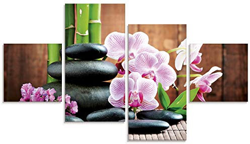 ARTLAND Wanddeko Glasbilder Wandbild Glas Bild 4 teilig 120x70 cm Querformat Zen Asien Asiatisch Wellness Spa Bambus Natur Steine Orchideen T5OO