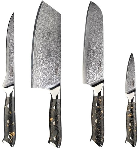 Tsume Exotic Set Carbon Gold, Messerset mit 4 Premium Küchenmessern, Echte Damast Küchenmesser mit Karbonfasern und Blattgold, 67 Schichten VG10 Edelstahlkern mit Kunstharz Handgriffen