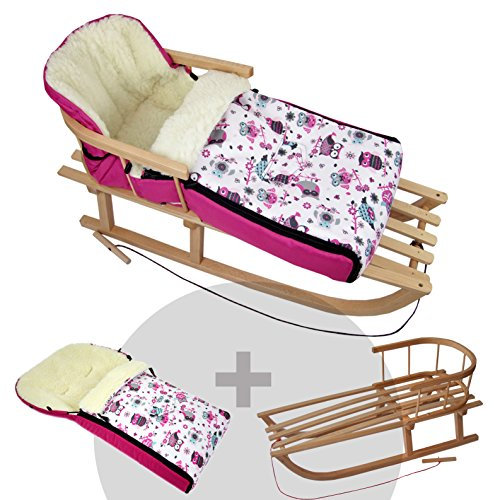 BAMBINIWELT Kombi-Angebot Holz-Schlitten mit Rückenlehne & Zugseil + universaler Winterfußsack (108cm), auch geeignet für Babyschale, Kinderwagen, Buggy, aus Wolle im Eulendesign (Motiv $1)