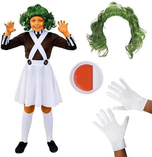 Déguisement de chocolaterie pour fille - Grand - T-shirt marron, jupe blanche, gants blancs et peinture pour le visage orange et blanche. Déguisement pour enfants pour la Journée mondiale du livre