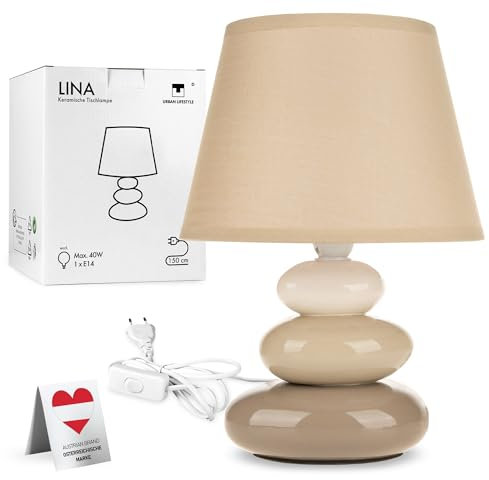 Nachttischlampe Lina (Taupe) Tischleuchte Keramik Tischlampe mit Stoffschirm, LED geeignet, E14 230V Keramik, Tischlampe, Nachttischleuchte, Fenster Lampe, Sofalampe. Fensterbank Lampen