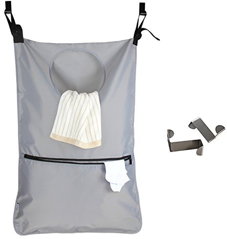 Luxja Hänge Wäschebeutel, wäschesack tür, Wäschesammler mit 2 EXTRA Edelstahl Türhaken, Wäschekorb Tasche, Grau