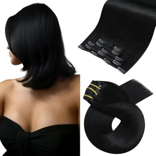 Moresoo Schwarz Exensions Echthaar Clip in Remy Doppelt Tressen Clip Extensions Echthaar Glatt Dick Haare 5 Tressen Voller Kopf Haarverlängerung Echthaar Clip 70g 30 cm