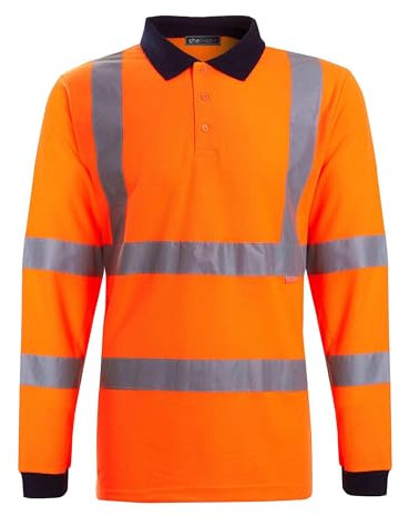 shelikes Mens Hi Vis Viz High Visibility Reflective Tape Safety Polo Contrast Long Sleeve Workwear Tee Tshirt Top (2X-LARGE, ORANGE)