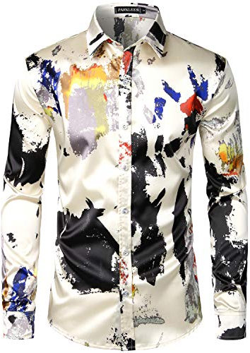 PARKLEES Men's Casual Luxury Printed Silk Like Satin Button Down Dress Shirt for Party Wedding PZLCL12 Beige XXL