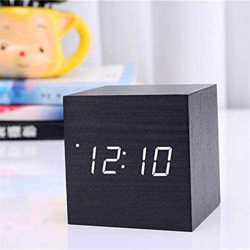 SWECOMZE LED Digital Wecker, Holz Würfel Uhr, Holzuhr Tischuhr, Wecker aus Holz, Sprachaktiviert Würfel-Digitaluhr für Schlafzimmer (Schwarz)